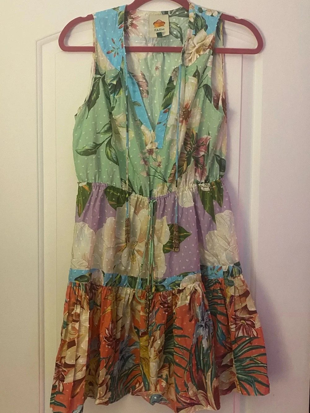 Farm Rio Tropical Floral Mini Dress XS | Resort Sleeveless Ruffle Hem Dress - Picture 7 of 10